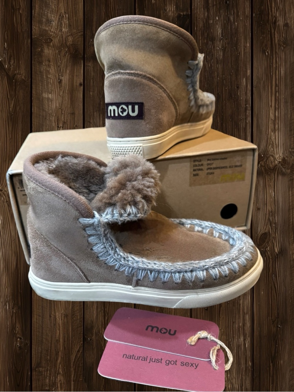 MOU Eskimo Sneaker Boots Suede Sheepskin Wool Crochet Stitch Taupe And Grey